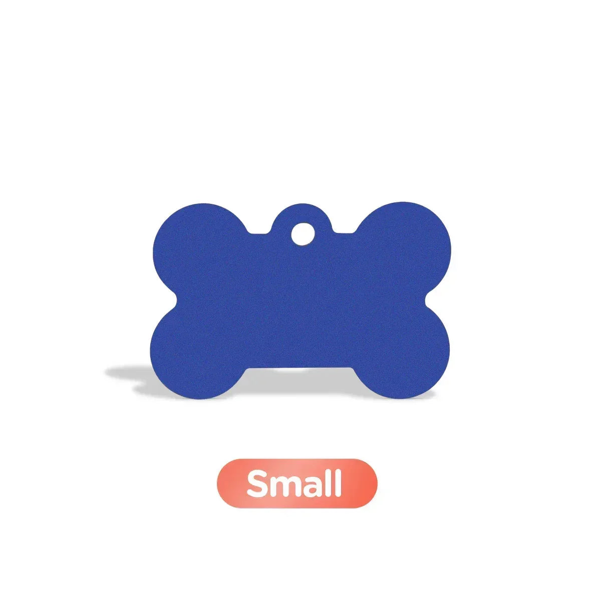 Small blue dog bone-shaped tag with hole for attachment on white background zigly