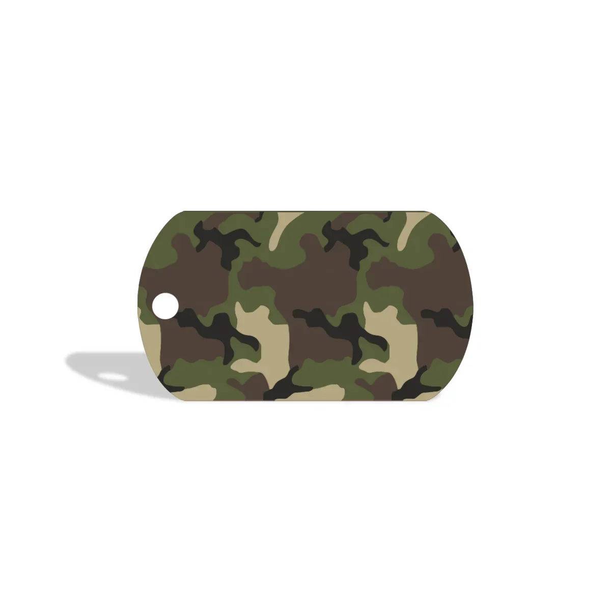 Zigly camouflage patterned dog tag with green, brown, black, and beige colors on white background