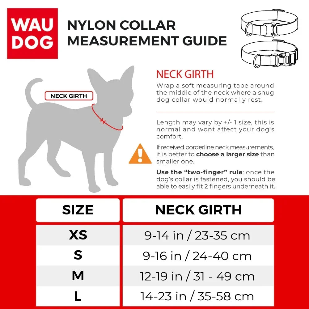 WauDog nylon dog collar neck girth measurement size chart guide from zigly
