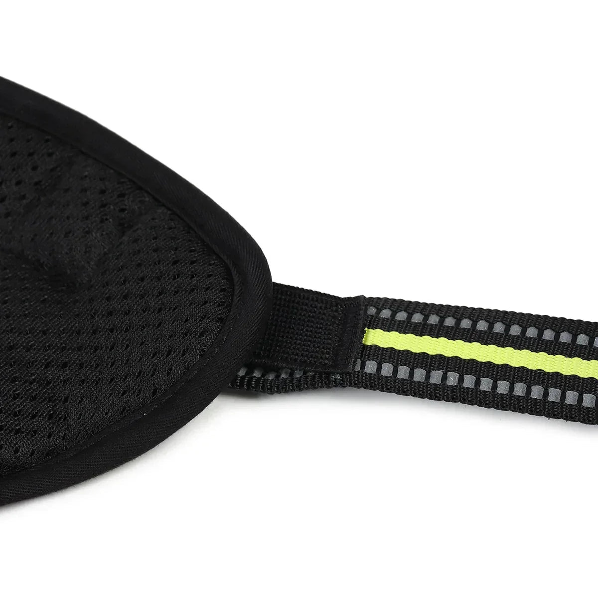 Close-up of black breathable mesh sports mask with reflective and neon yellow zigly strap
