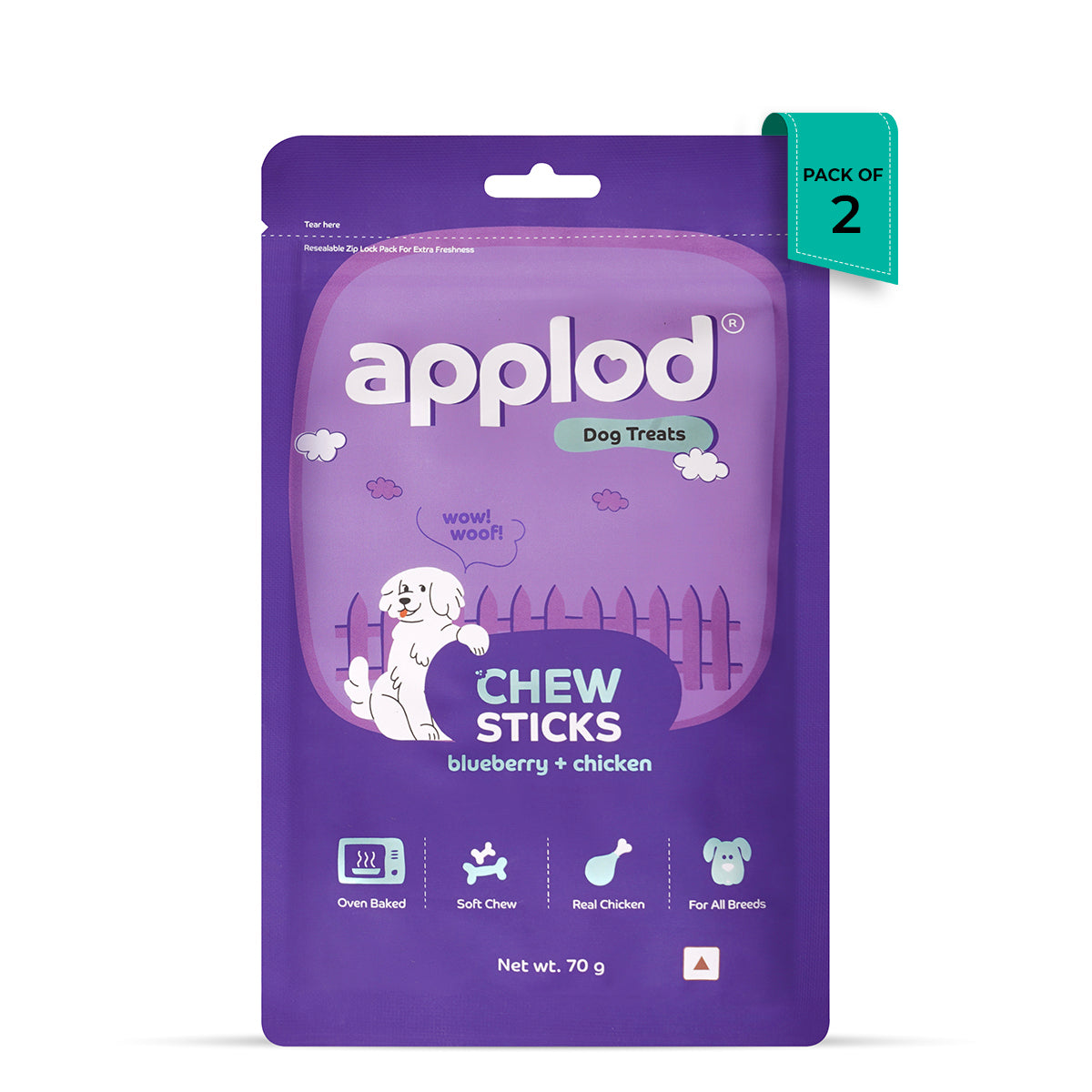 zigly Applod dog treats blueberry chicken chew sticks pack of 2 in purple resealable pouch