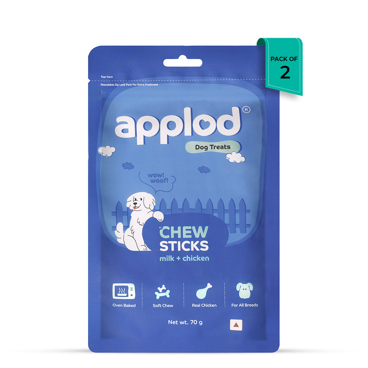 Zigly Applod blue pack of 2 dog chew sticks with milk and chicken, oven baked soft treats