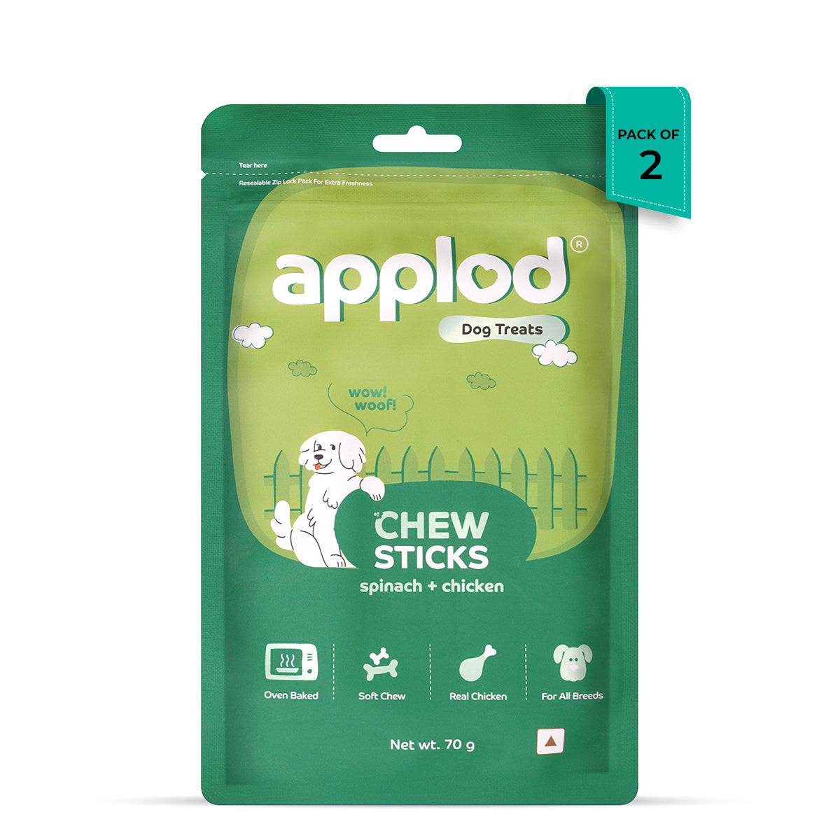 Zigly applod dog treats chew sticks with spinach and chicken in green resealable pack