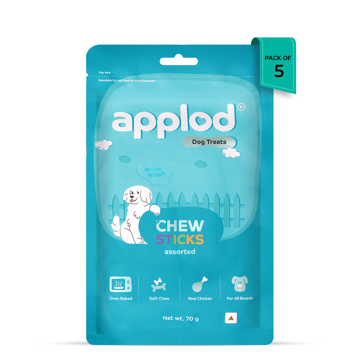 Zigly Applod dog treats pack of 5 assorted chew sticks with real chicken, soft chew, oven baked