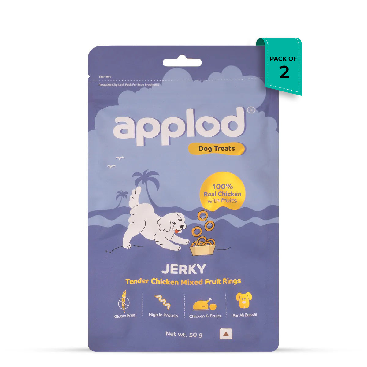 Zigly Applod dog treats jerky pack with tender chicken mixed fruit rings, gluten free, high protein