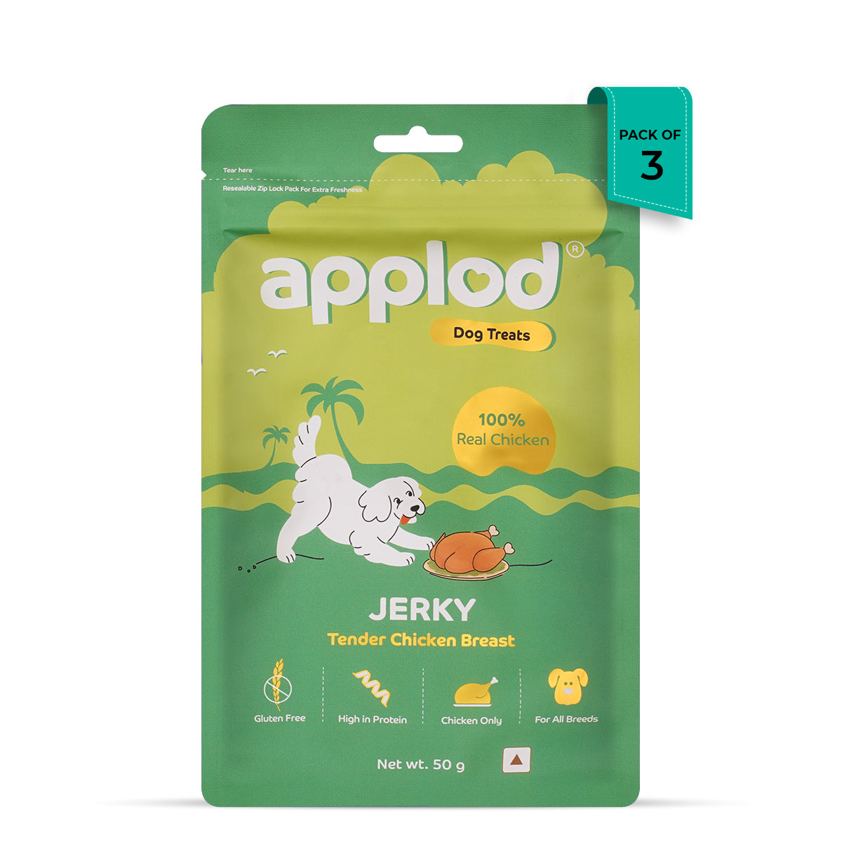 Zigly Applod dog treats jerky pack with chicken breast, gluten free, high protein, for all breeds