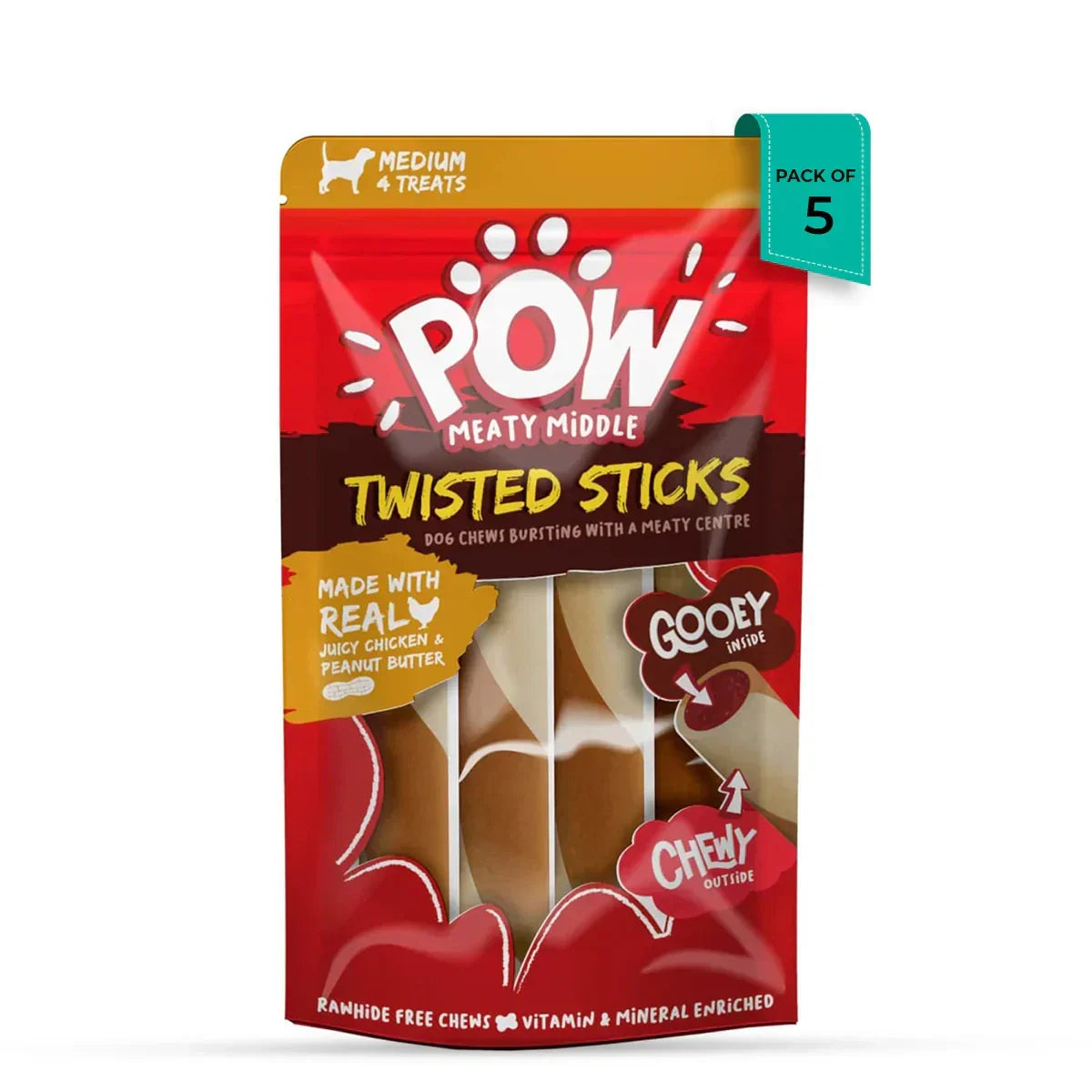 Imaginelles Pow Chicken & Peanut Butter Twisted Sticks Meaty Dog Treat - 4 Pieces - 200g - Zigly