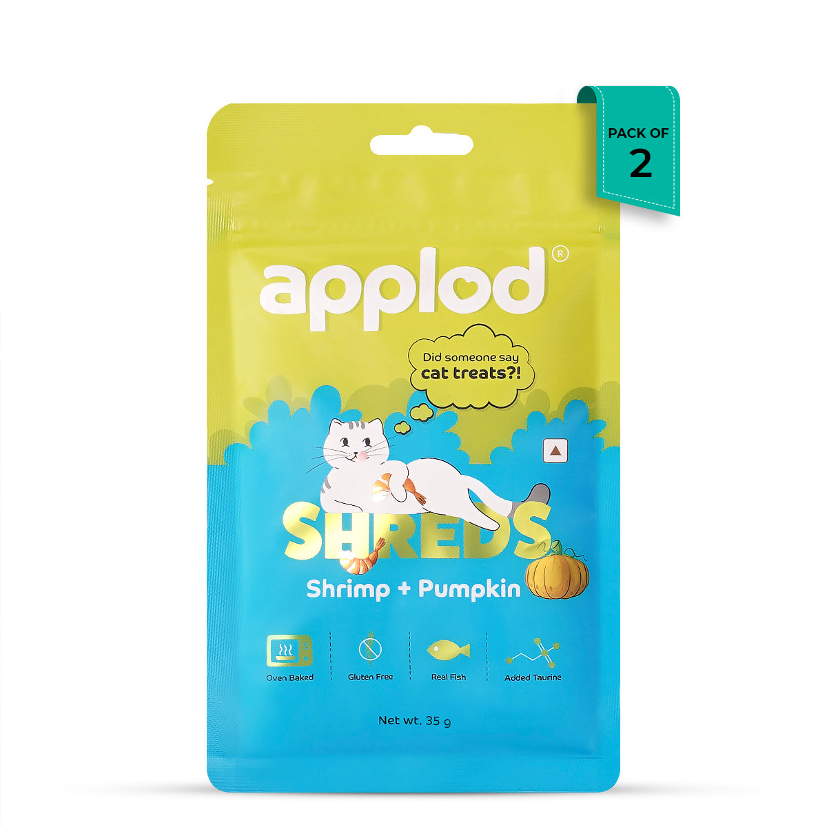 Zigly Applod Shreds shrimp and pumpkin cat treats pack of 2, oven baked and gluten free
