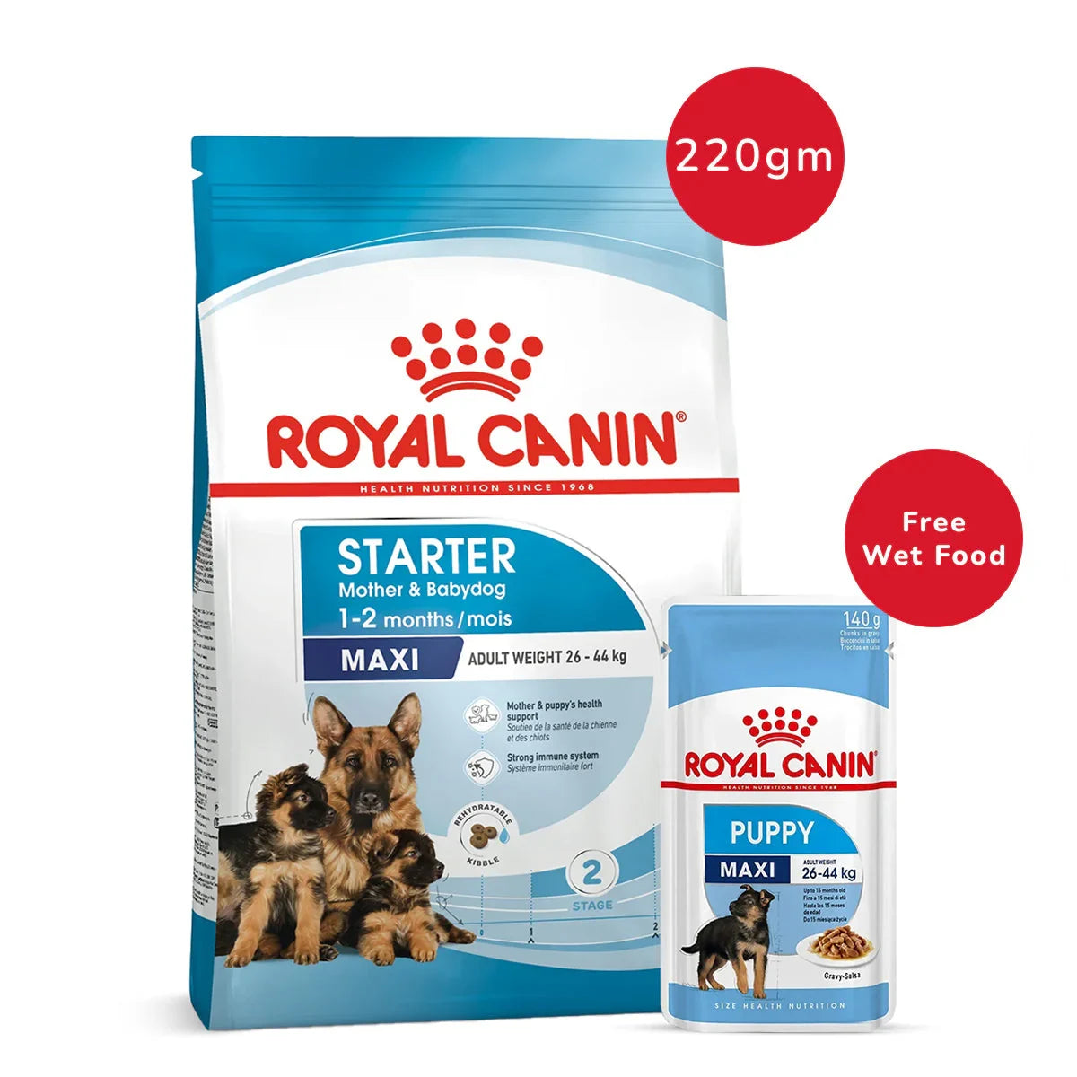 Royal Canin Maxi Starter Dry Food 220g + Maxi Puppy Wet Pouch 140g - Zigly