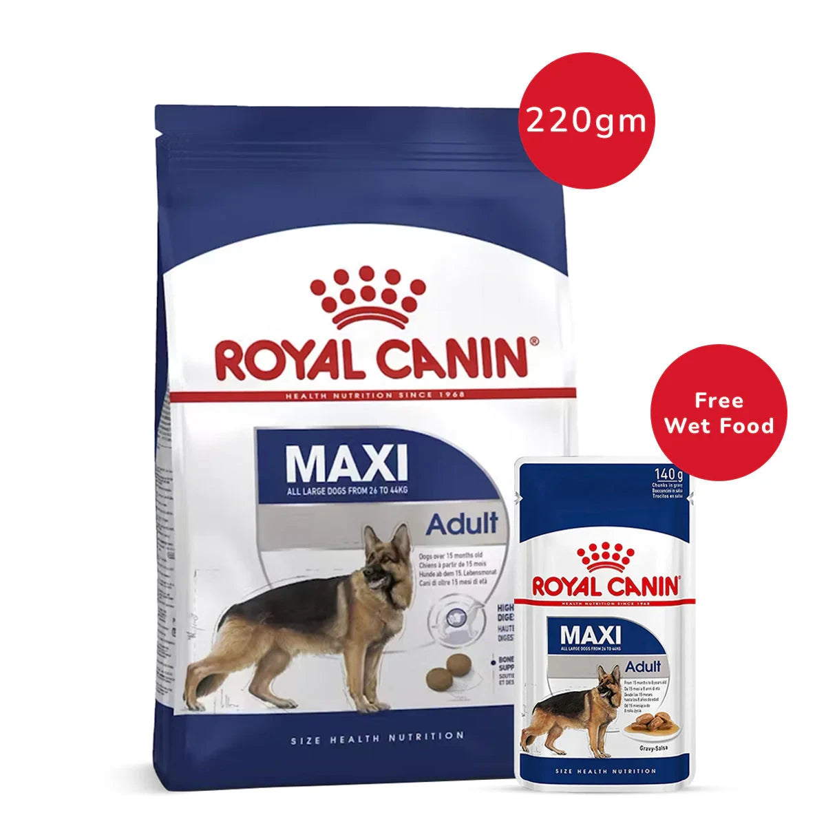 Royal Canin Maxi Adult Dry Food 220g + Maxi Adult Wet Pouch 140g - Zigly