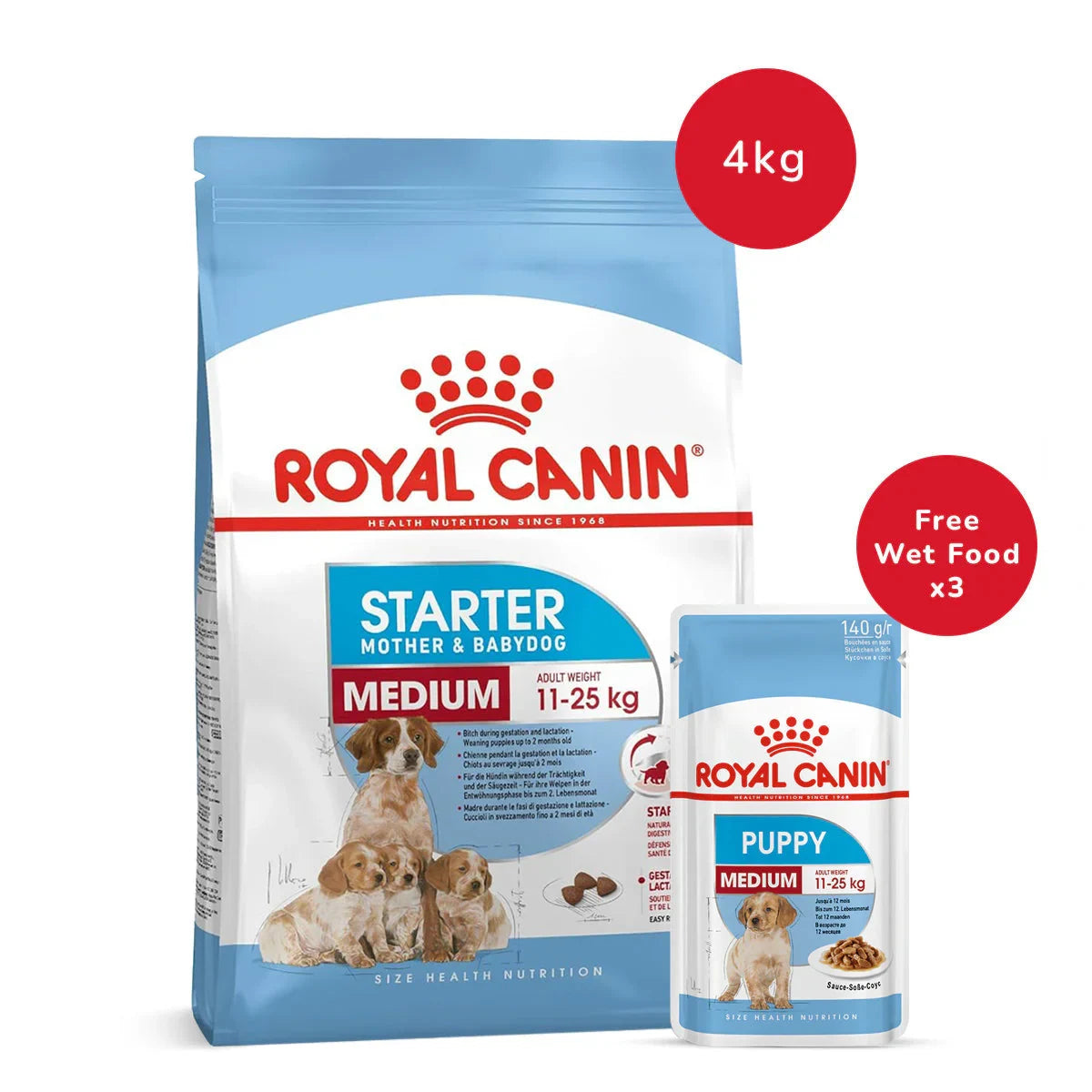 Royal Canin Medium Starter Dry Dog Food - 4 kg + Royal Canin Medium Puppy Wet Dog Food (140 gm x 3) - Zigly