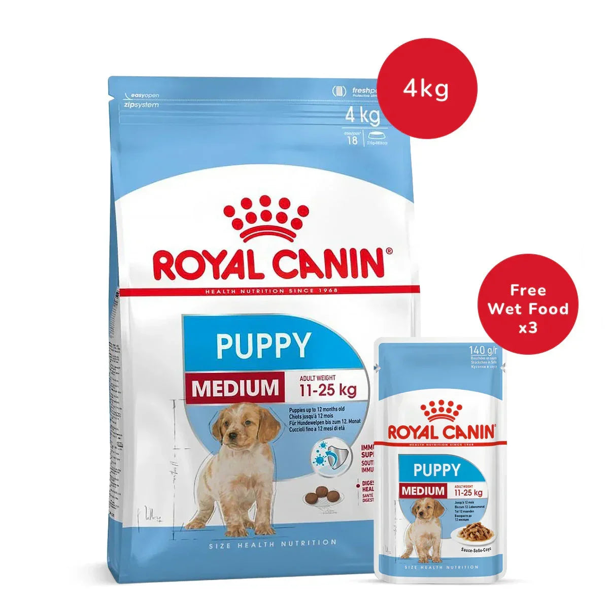 Royal Canin Medium Puppy Dry Food - 4 kg + Royal Canin Medium Puppy Wet Dog Food (140 gm x 3) - Zigly