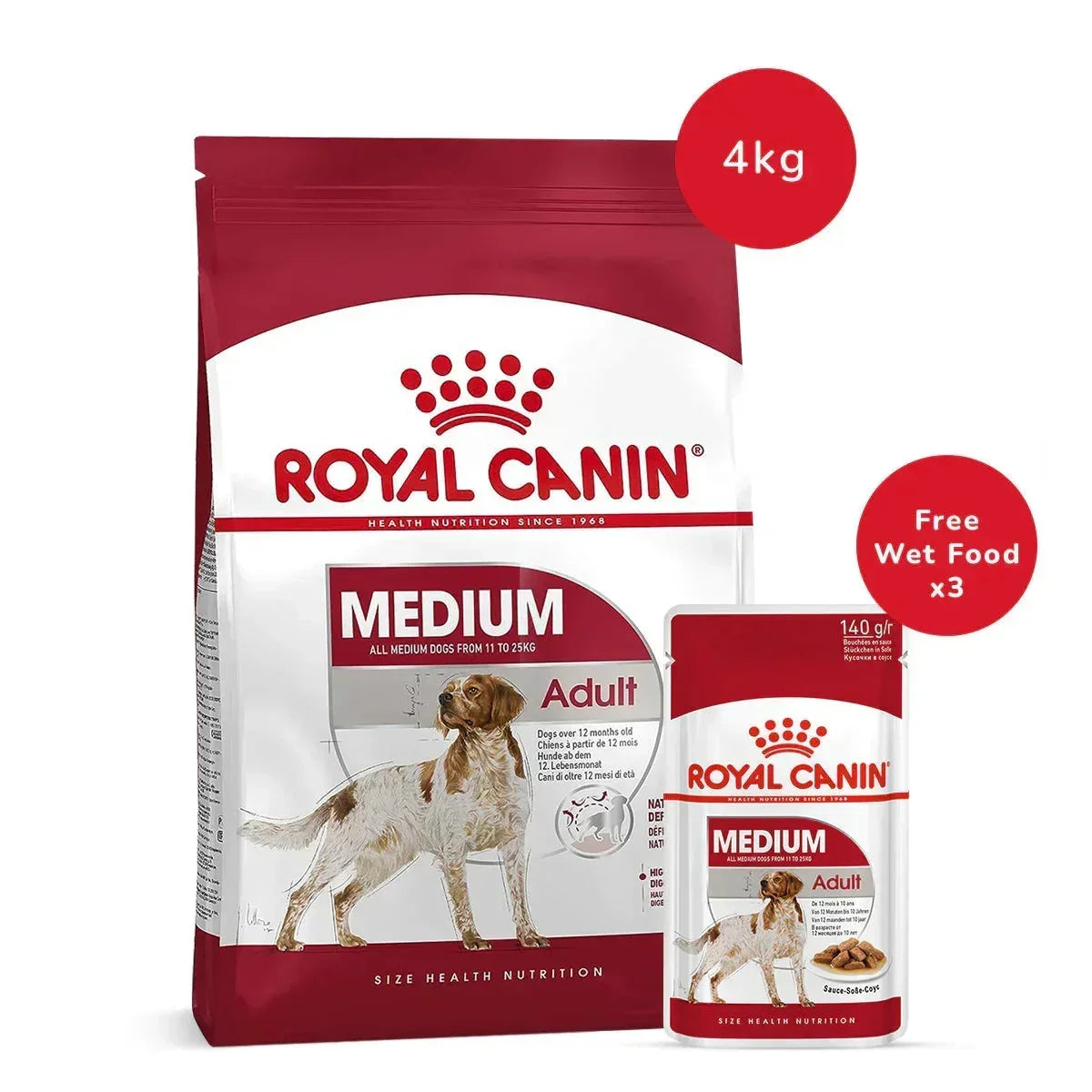 Royal Canin Medium Adult Dry Dog Food - 4 kg + Royal Canin Medium Adult (140 gm x 3) - Zigly