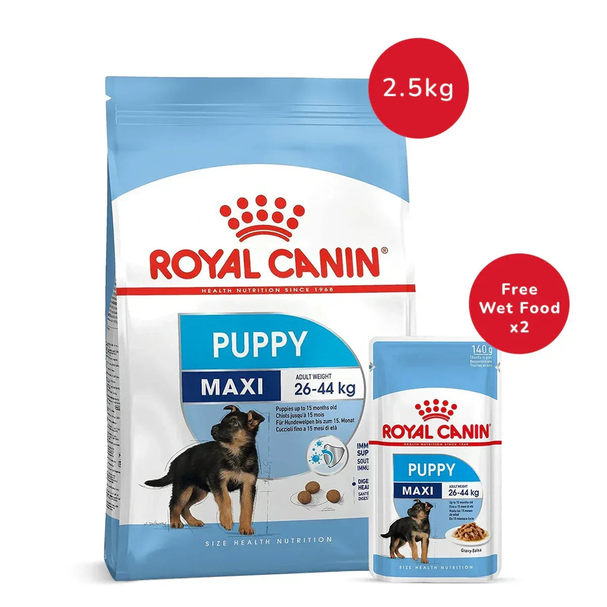 Royal Canin Maxi Puppy 2.5 Kg + Royal Canin Maxi Puppy Wet Dog Food (140 gm x 2) - Zigly