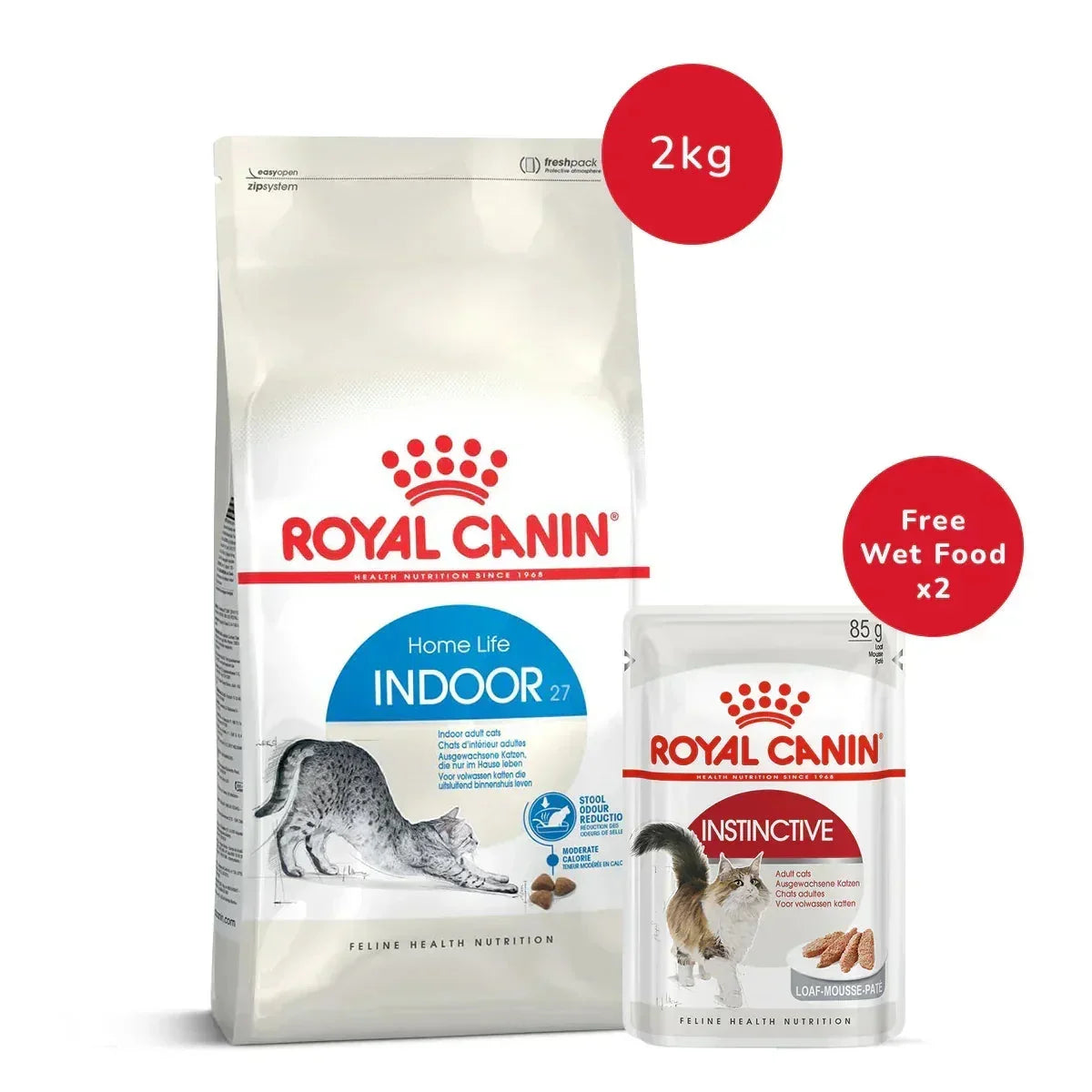 Royal Canin Indoor 27 Dry Adult Cat Food 2 Kg + Instinctive Loaf Adult Wet Cat Food - (85gm x 2) - Zigly