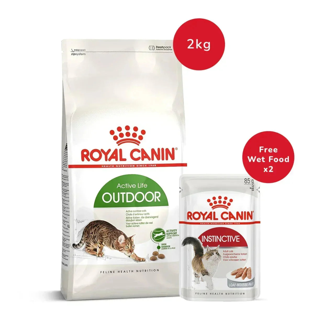 Royal Canin Outdoor Adult Dry Cat Food - 2 kg + Instinctive Loaf Adult Wet Cat Food - (85gm x 2) - Zigly