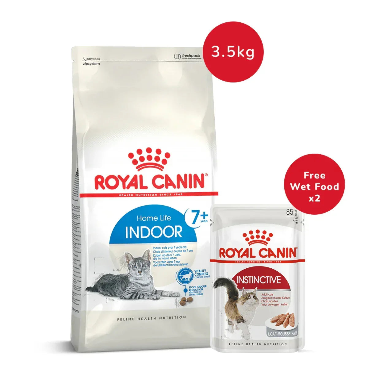 Royal Canin Indoor 7+ Years Adult Cat Food 3.5 Kg + Instinctive Loaf Adult Wet Cat Food - (85gm x 2) - Zigly
