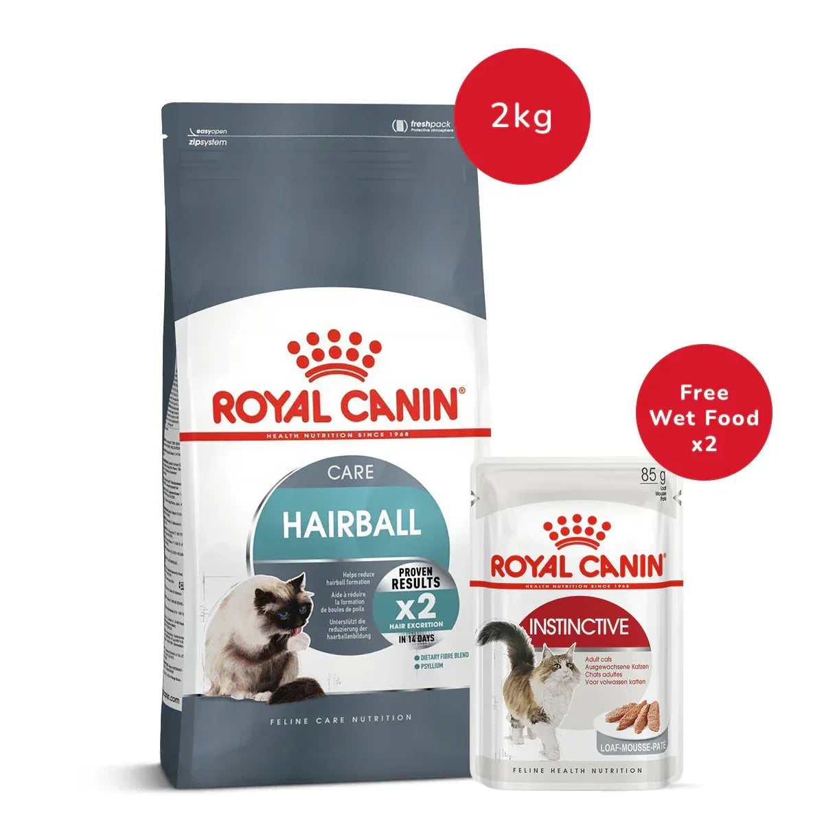 Royal Canin Hairball Care Adult Dry Cat Food - 2 kg + Instinctive Loaf Adult Wet Cat Food - (85gm x 2) - Zigly