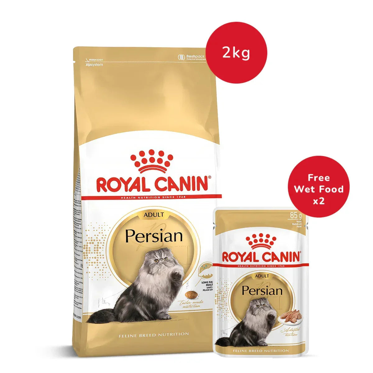 Royal Canin Persian Adult Dry Cat Food - 2 kg + Persian Adult Wet Cat Food - (85gm x 2) - Zigly