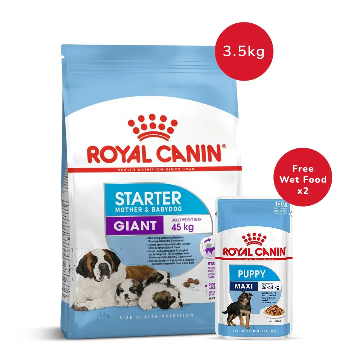 Royal Canin Giant Starter Dry Dog Food - 3.5 kg + Maxi Puppy Wet Dog Food (140gm x 2) - Zigly