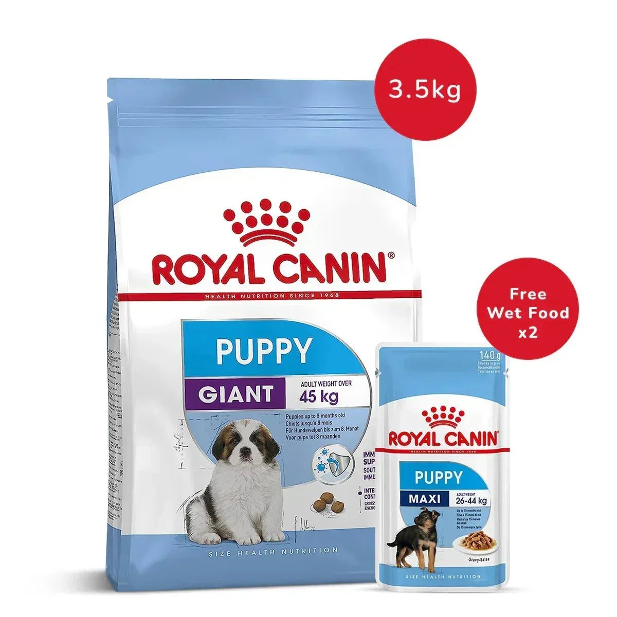 Royal Canin Giant Puppy Dry Food-3.5kg + Maxi Puppy Wet Dog Food (140gm x 2) - Zigly