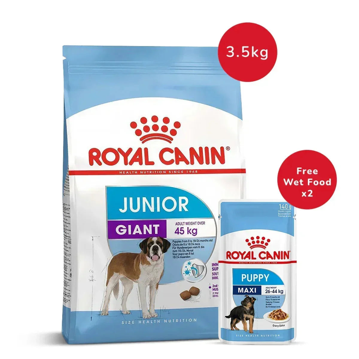 Royal Canin Giant Junior Dry Dog Food - 3.5 kg + Maxi Puppy Wet Dog Food (140gm x 2) - Zigly