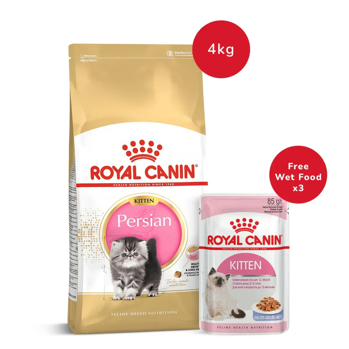 Royal Canin Persian Dry Kitten Food - 4 kg + Kitten Instinctive Jelly Wet Food - (85gm x 3) - Zigly