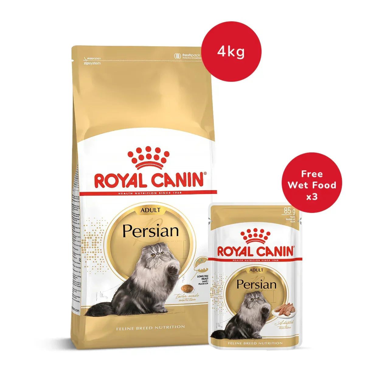 Royal Canin Persian Adult Dry Cat Food-4 kg + Persian Adult Wet Cat Food (85gm x 3) - Zigly
