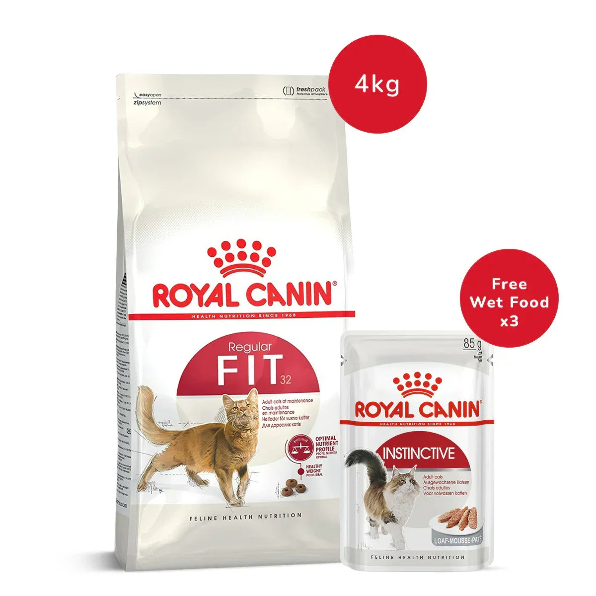 Royal Canin Fit 32 Adult Dry Cat Food 4Kg + Instinctive Loaf Adult Wet Cat Food - (85gm x 3) - Zigly