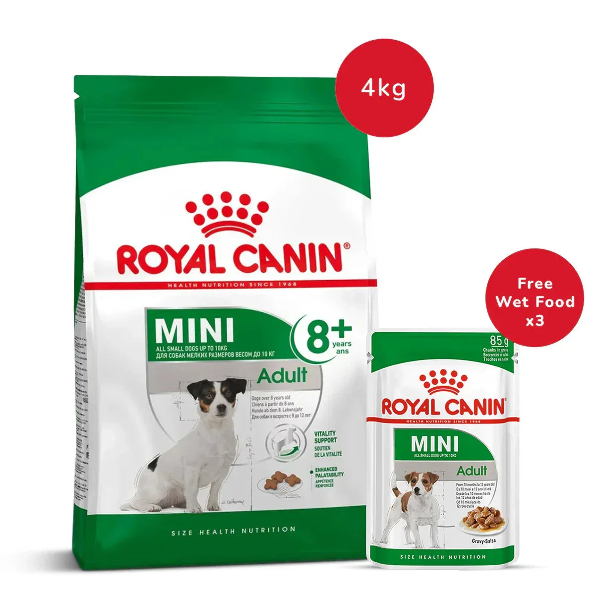 Royal Canin Mini Adult 8+ Years Dry Dog Food-4 kg + Mini Adult Wet Dog Food (85gm x 3)