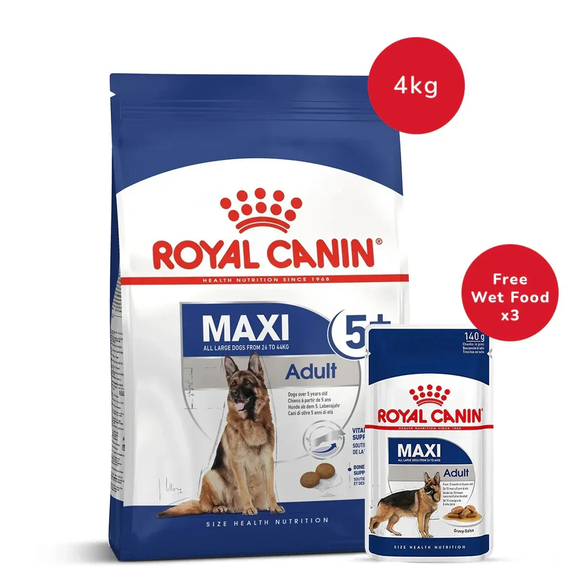Royal Canin Maxi Adult 5+ Years Dry Dog Food - 4 kg + Maxi Adult Wet Dog Food (140gm x 3) - Zigly