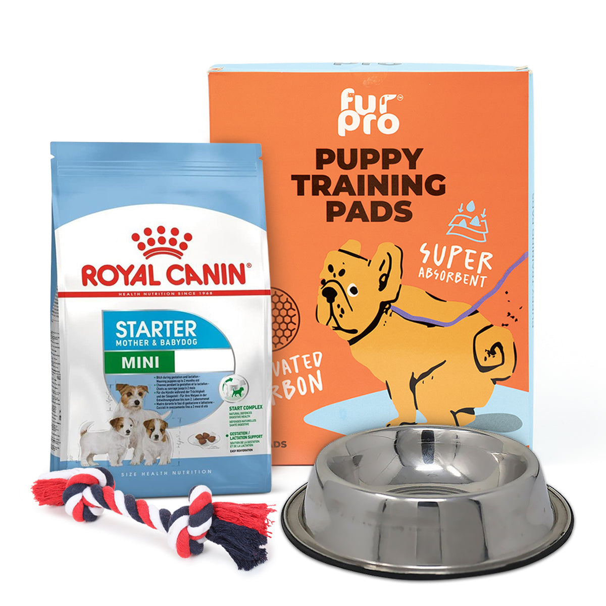 Zigly puppy essentials including Royal Canin mini starter food, Fur Pro puppy training pads, chew toy, and stainless steel bowl