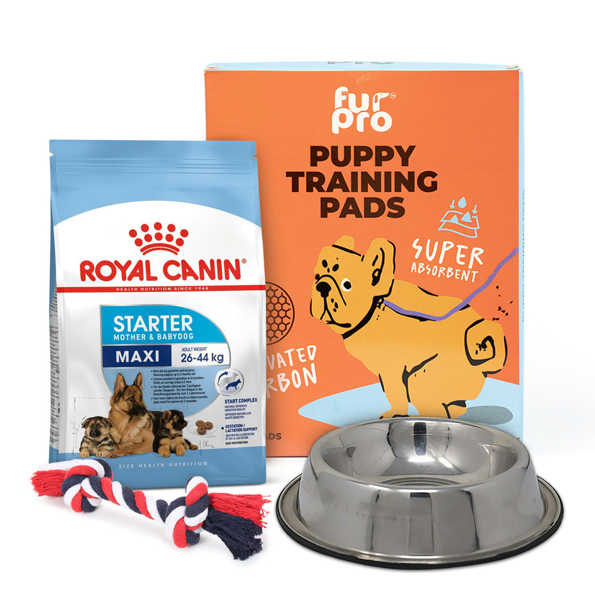 Zigly puppy starter food, training pads, rope toy, and stainless steel dog bowl set