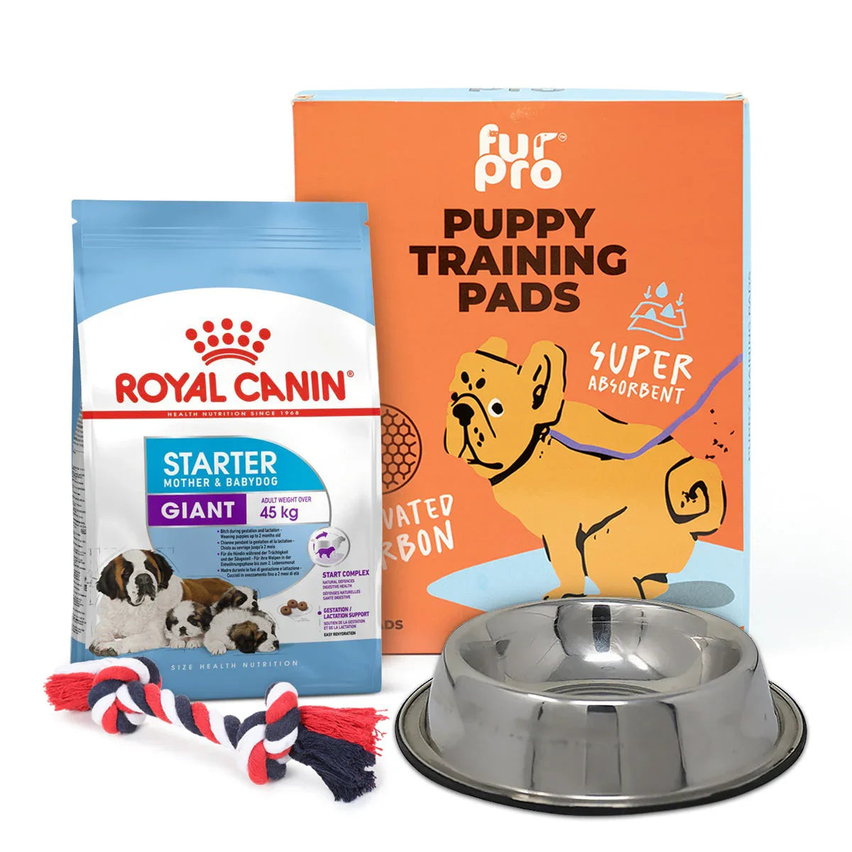 Zigly puppy combo with Royal Canin giant starter food, FurPro puppy training pads, steel bowl, and rope toy