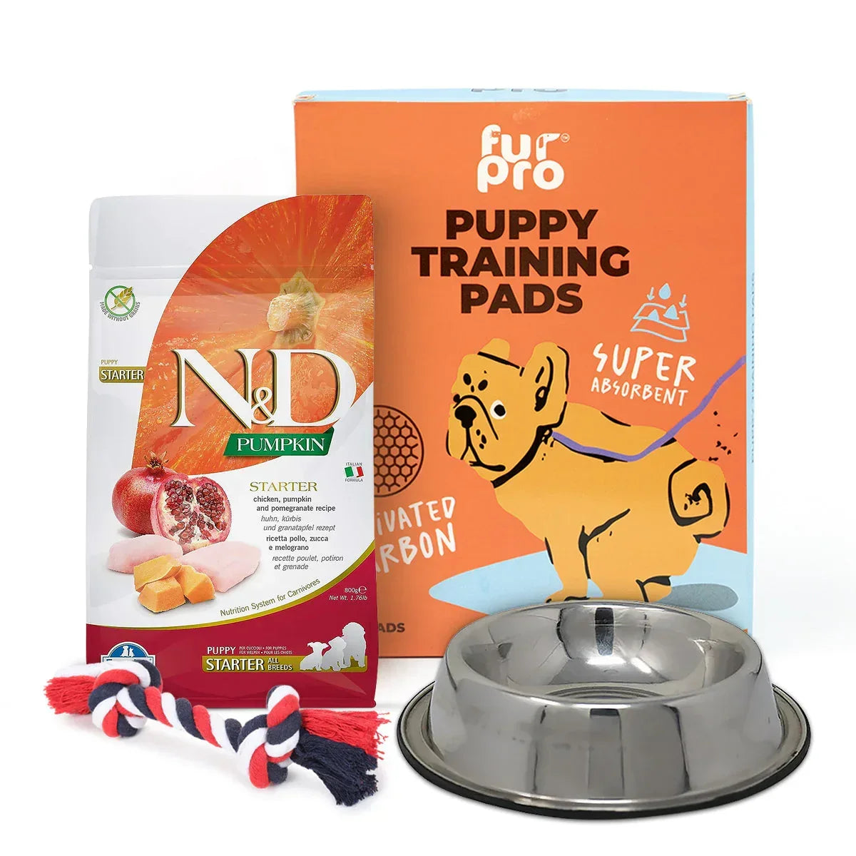 Zigly puppy essentials combo with food, training pads, rope toy, and metal bowl