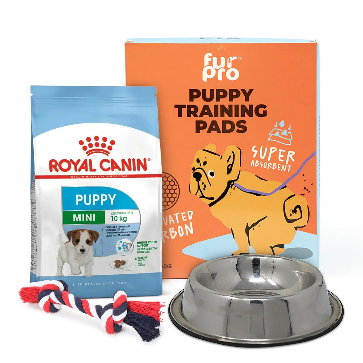 Zigly puppy care combo with Royal Canin mini puppy food, furpro puppy training pads, stainless steel bowl, and rope toy