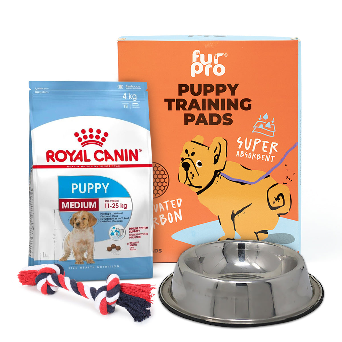 Zigly puppy care set with Royal Canin medium puppy food, Fur Pro training pads, metal bowl, and rope toy