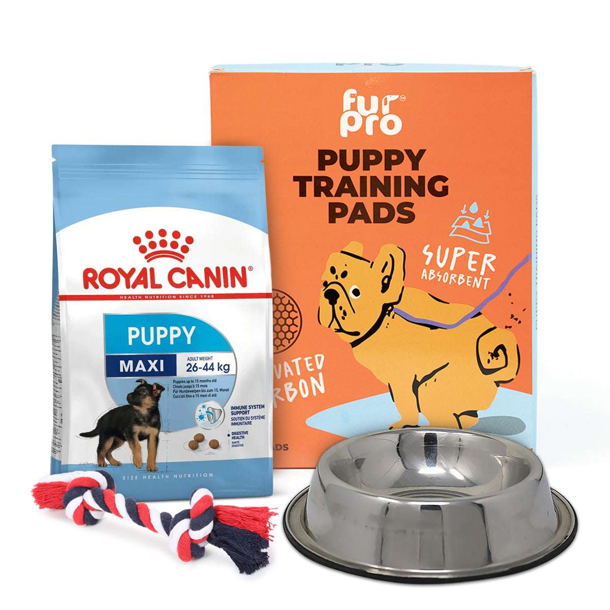 Zigly puppy combo with Royal Canin Maxi puppy food, Fur Pro training pads, rope toy, and metal bowl