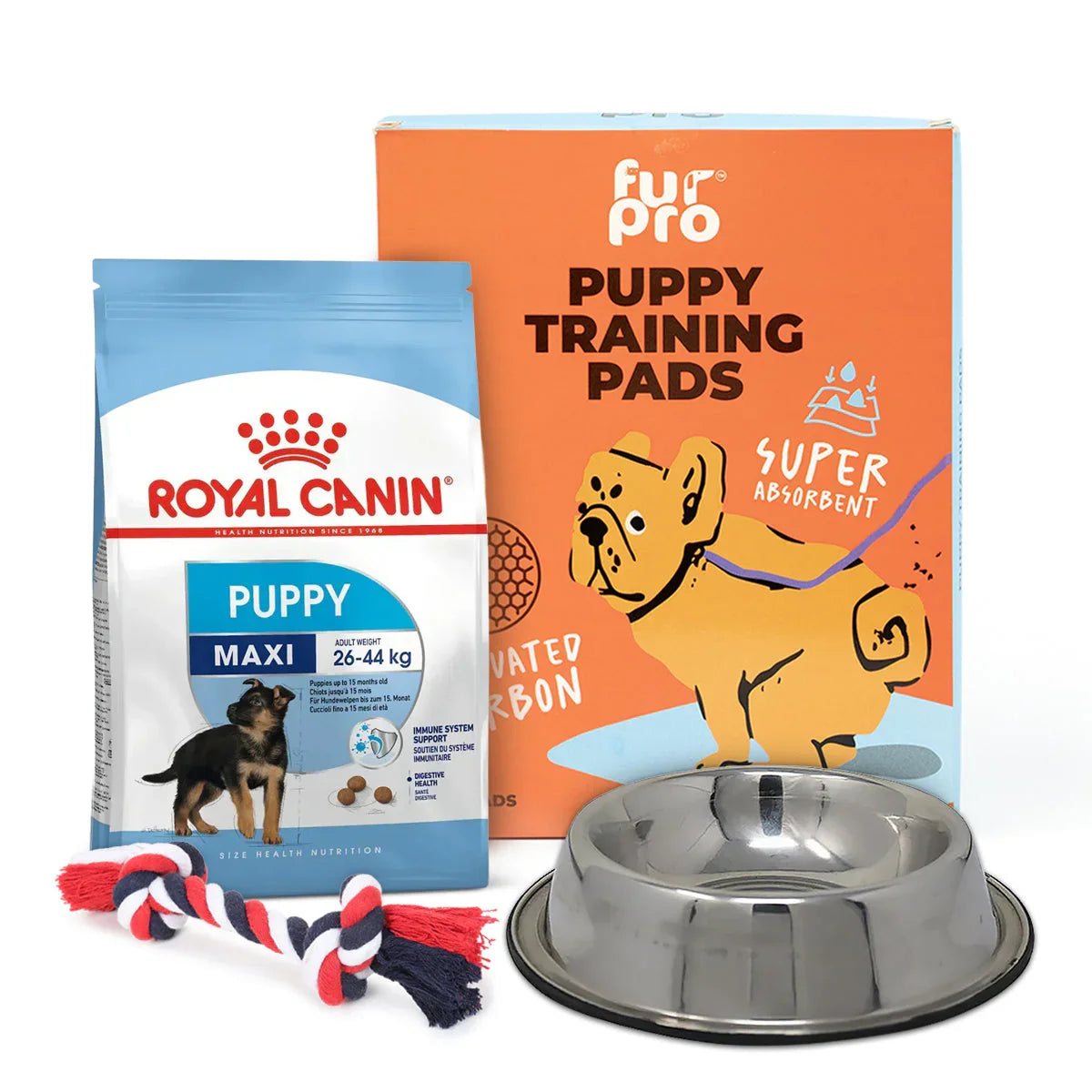 Zigly puppy combo with Royal Canin Maxi puppy food, Fur Pro training pads, rope toy, and metal bowl