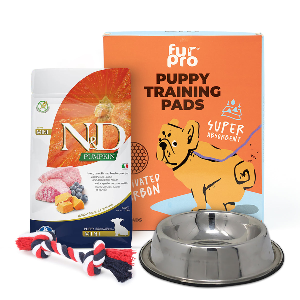 Zigly puppy care set with N&D pumpkin puppy food, Furpro training pads, metal bowl, and red-white-blue rope toy