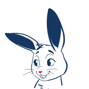 Cartoon rabbit face with large ears on a white background