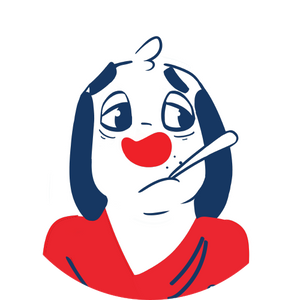 Cartoon character with a red nose and blue hair holding a white object on a white background