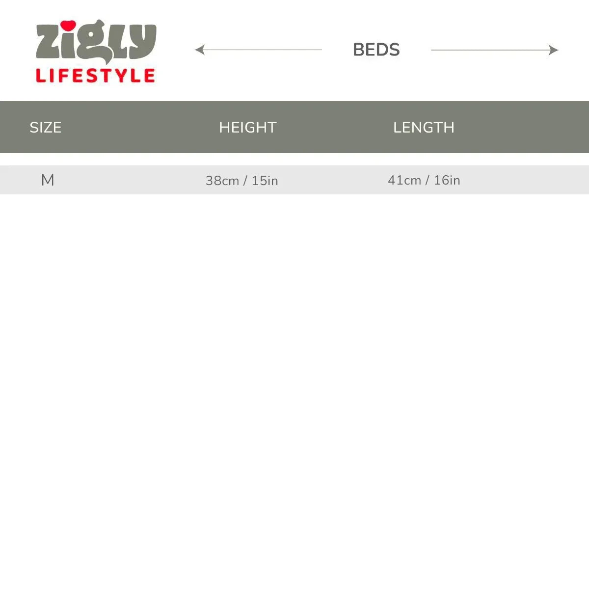 Zigly Lifestyle size chart for medium pet bed, 38cm height and 41cm length