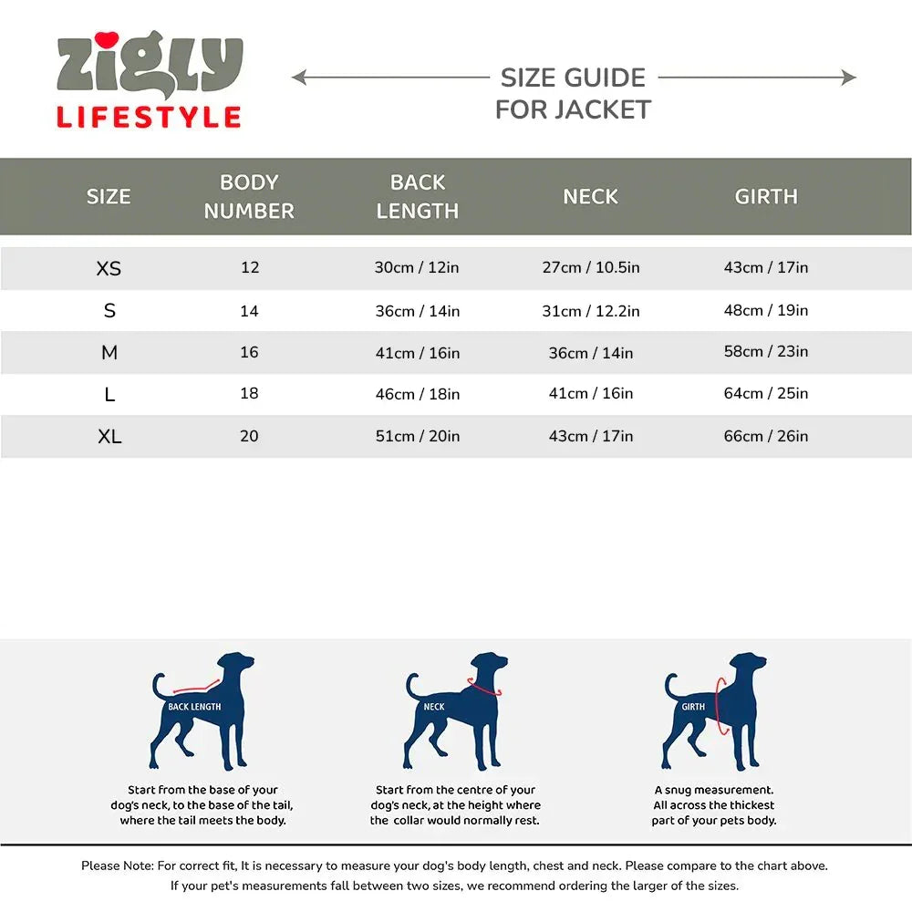 Zigly lifestyle dog jacket size guide with measurements for XS to XL including body number, back length, neck, and girth