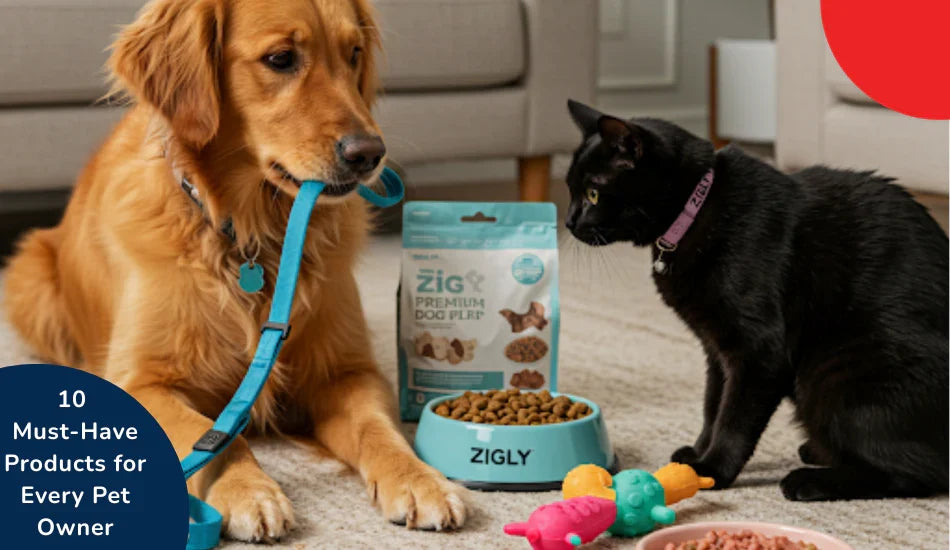 Dog and cat with Zigly pet food bowl, Zigly treats, and toys on the carpeted floor