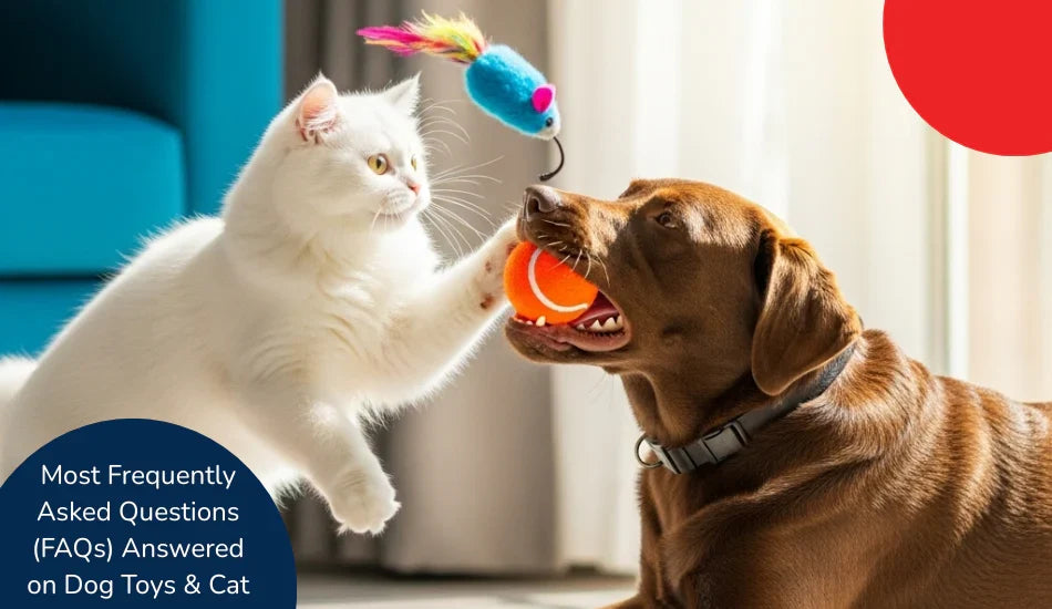 Zigly white cat playing with a colorful toy mouse and brown dog holding an orange ball indoors.