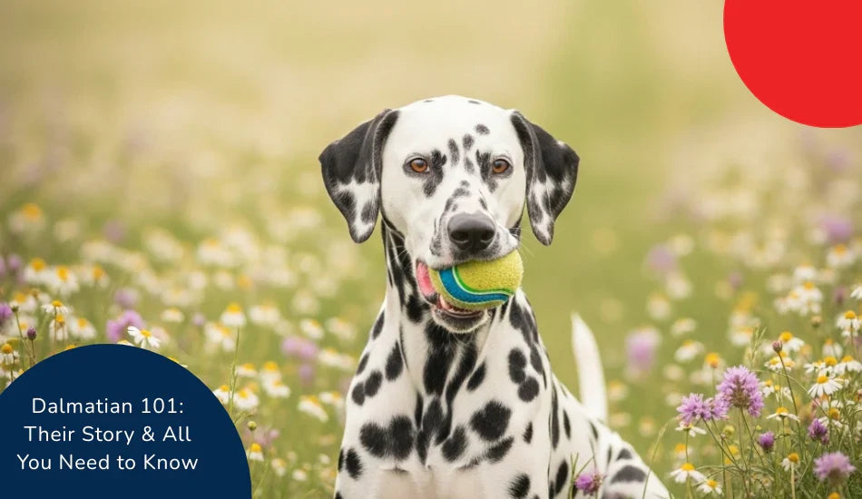 Dalmatian dog with tennis ball in mouth sitting in wildflower field, zigly branding visible.