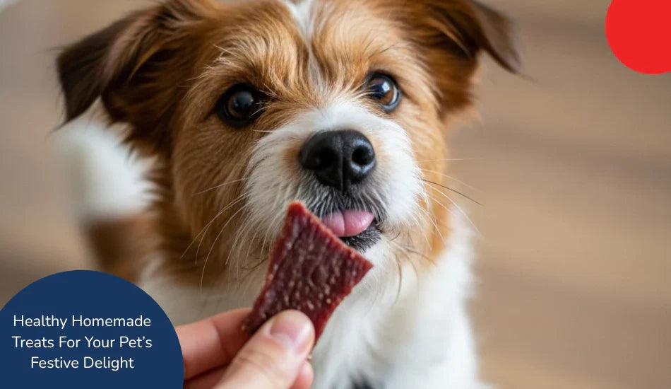 Zigly dog enjoys healthy homemade festive treat, person holding pet snack close-up.