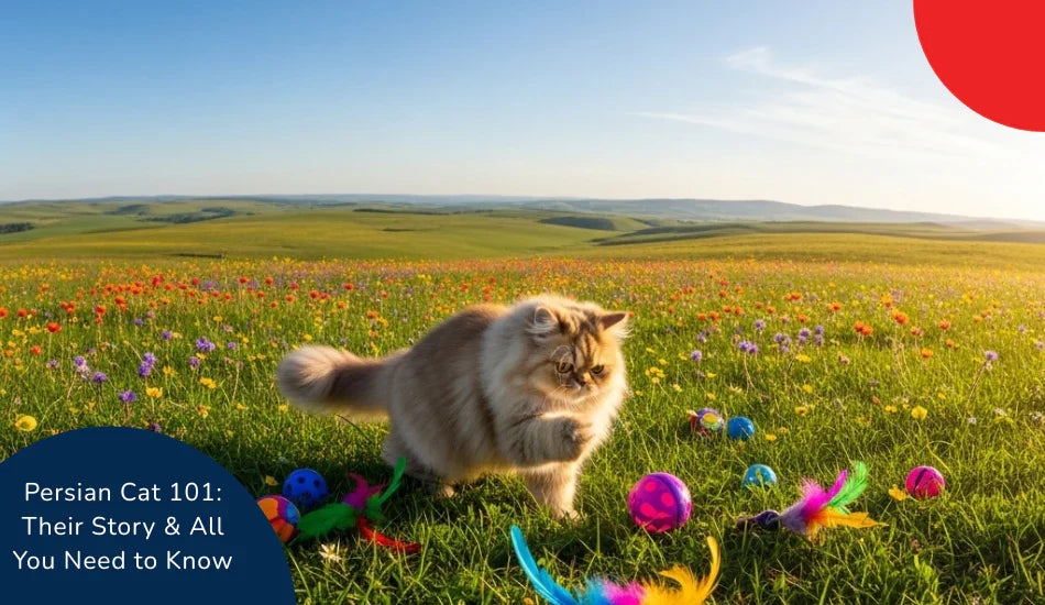 Persian cat playing with colorful toys in a flower field at sunset, zigly brand theme.