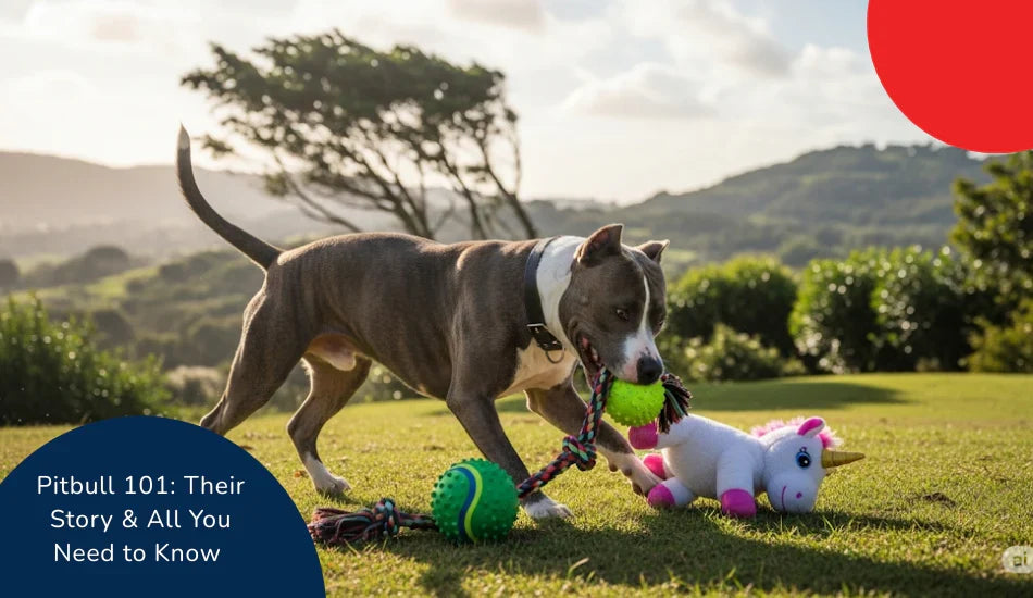 Pitbull dog playing with ball and toys on grass outdoors, zigly pet care, scenic background